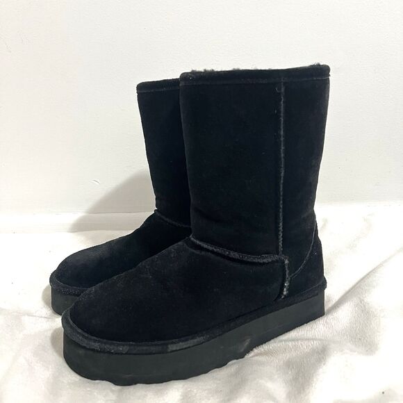 Bearpaw Retro Elle Boots Size 8 Black Platform Suede Sheepskin Wool Winter - Picture 2 of 9
